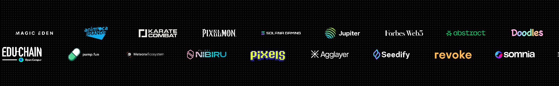 Magic Eden, Animoca Brands, Karate Combat, Pixelmon, Solana Gaming, Jupiter, Forbes Web3, Educhain, pump.fun, Meteora, Nibiru, Pixels, Agglayer and Seedify